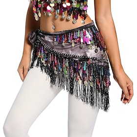 Belly Dance Hip Scarf with Tassels Sequins, Triangle Coins Wrap Skirt Music Festival Clothing