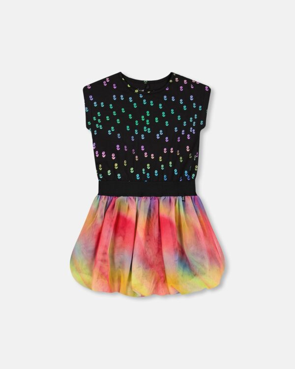 Bi-Material Dress With Rainbow Mesh Bubble Skirt