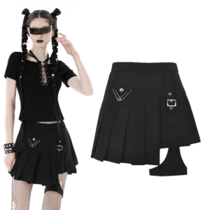 Black Asymmetrical Pleated Punk Skirt with Safety Pins