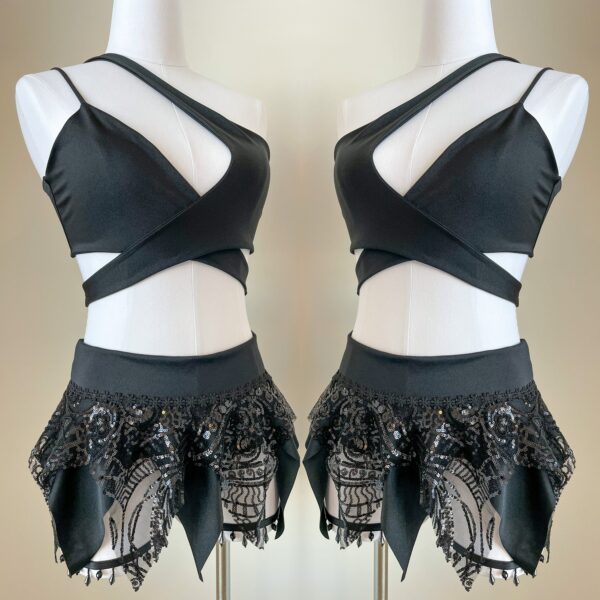 Black Asymmetrical Top & Sequin Skirt Set/ Festival Outfit/Rave Fairy Pixie