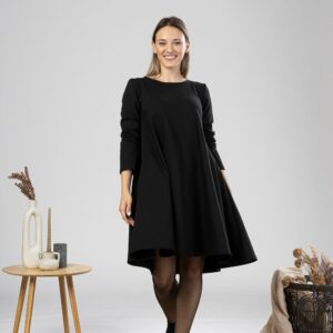 Black Knee Length Dress, Elegant Wide Trapeze Tunic Charcoal Midi Cotton Dress With Pockets, Oversized Loose