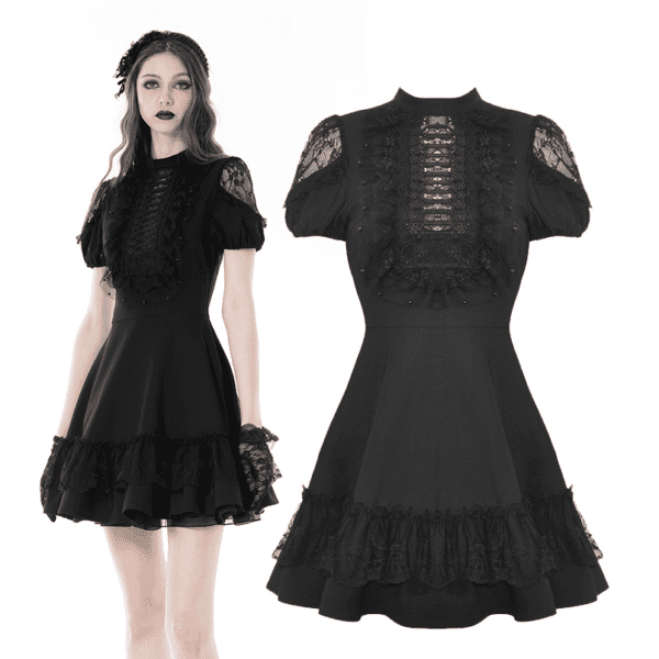 Black Lace Sleeves Cocktail Dress - Gothic Chic Mini