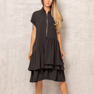 Black Layered Tiered Dress For Summer, Ladies Midi Formal Dress, Elegant Short Skirt With Front Zipper, Beach Cocktail Kaftan