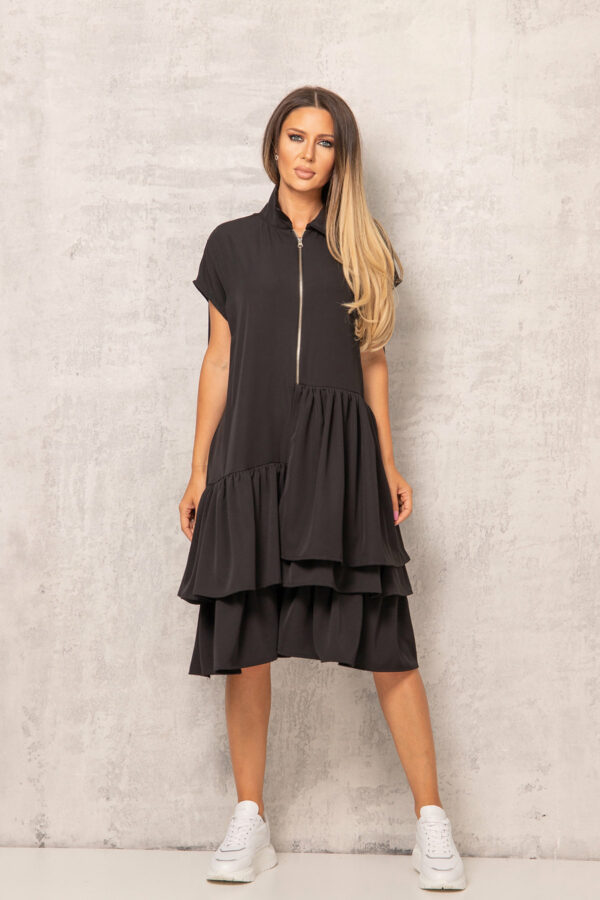 Black Layered Tiered Dress For Summer, Ladies Midi Formal Dress, Elegant Short Skirt With Front Zipper, Beach Cocktail Kaftan