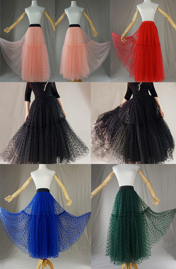 Black Layered Tulle Midi Skirt Outfit Women Custom Plus Size Dot Tulle Skirt