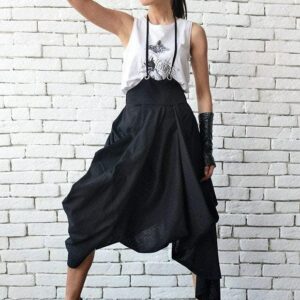 Black Linen Asymmetrical Skirt With Suspenders