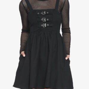 Black Multi-Buckle Front Pinafore Dress