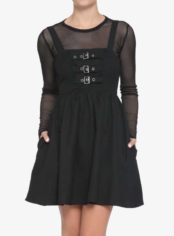 Black Multi-Buckle Front Pinafore Dress