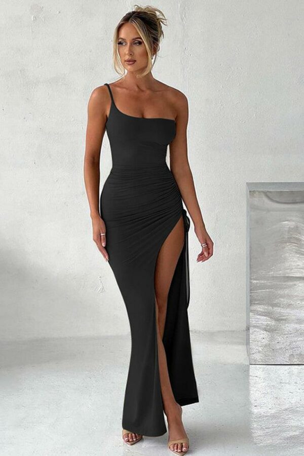 Black One Shoulder High Slit Draw String Full Length Maxi Party Dress