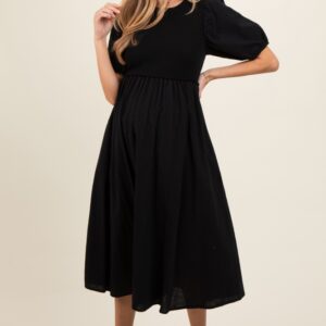 Black Ribbed Bodice Puff Sleeve Maternity Midi Dress