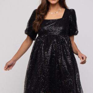 Black Sequin Pearl Embellished Square Neck Babydoll Maternity Dress