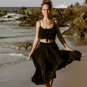 Black Silk Peony Skirt - Long Skirt, Pleated Skirt, Maxi Silk Long Black Asymmetrical