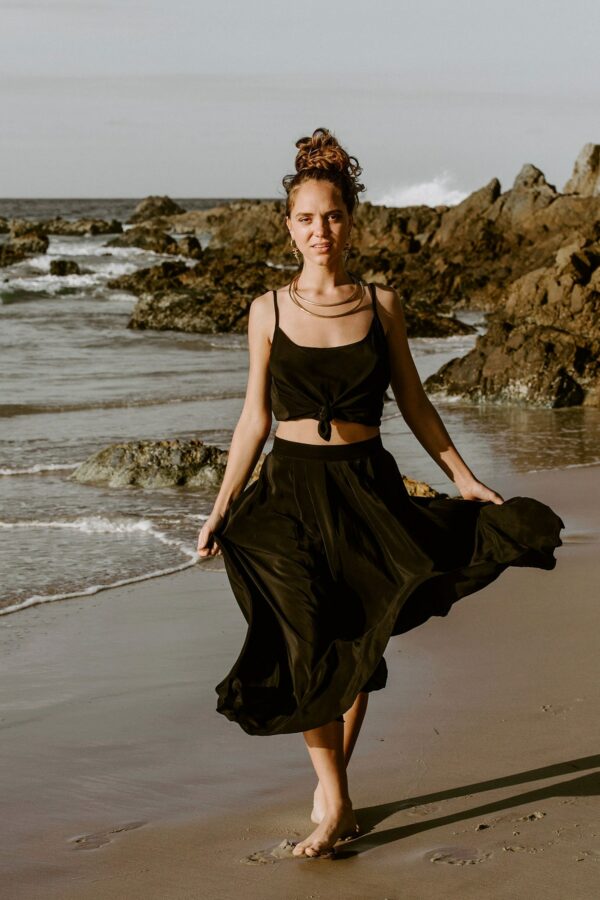 Black Silk Peony Skirt - Long Skirt, Pleated Skirt, Maxi Silk Long Black Asymmetrical