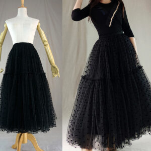 Black Tulle Midi Skirt Outfit Women Custom Plus Size Polka Dot Tulle Skirt