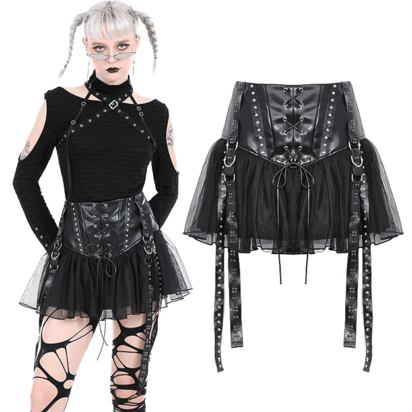 Black Tulle Skirt with Lace-Up Front And Studded