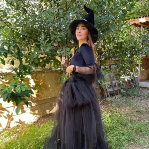 Black Witch Costume Women, Halloween Adult Costume, Hat, Tulle Skirt, Velvet Fabric, Express Shipping