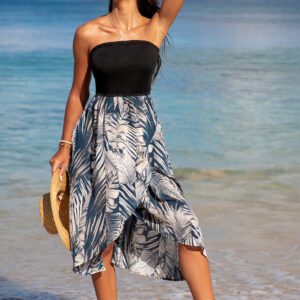 Black & Blue Tropical Leaf Colorblock Midi Tube Dress