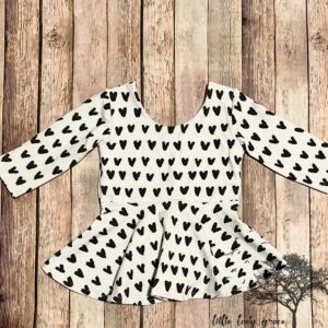 Black & White Heart Valentine Monochromatic Peplum Sleeved Baby Toddler Children's Skirted Ruffle Shirt