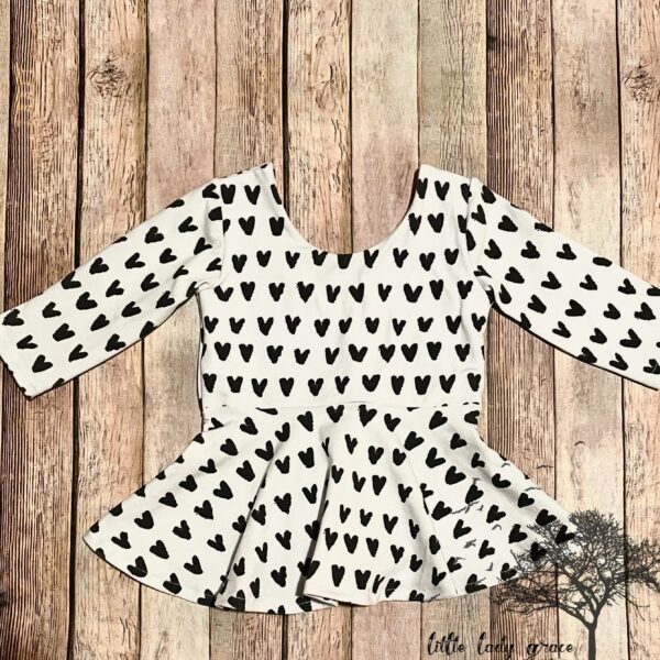 Black & White Heart Valentine Monochromatic Peplum Sleeved Baby Toddler Children's Skirted Ruffle Shirt