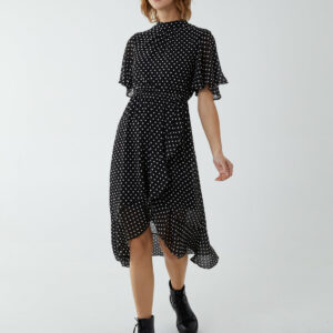 Blouson Wrap Skirt Ruffle Midi Dress - 8 / BLACK PATTERN