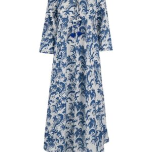 Blue And White Kaftan Dress With Tassels And All-Over Motif In Cotton Woman