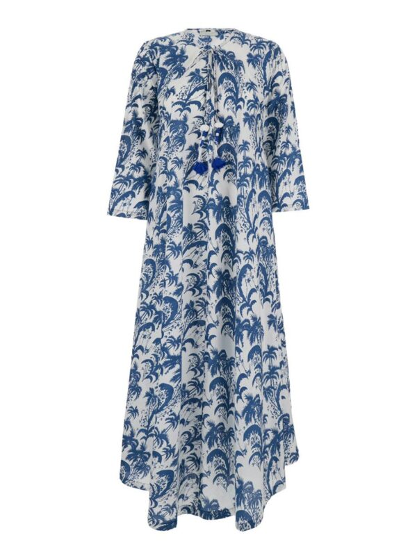 Blue And White Kaftan Dress With Tassels And All-Over Motif In Cotton Woman