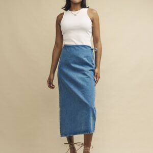 Blue Denim Light Wash Wrap Midi Skirt