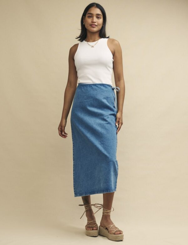 Blue Denim Light Wash Wrap Midi Skirt