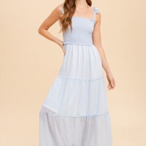 Blue Tie Shoulder Smock Tiered Check Chiffon Dress