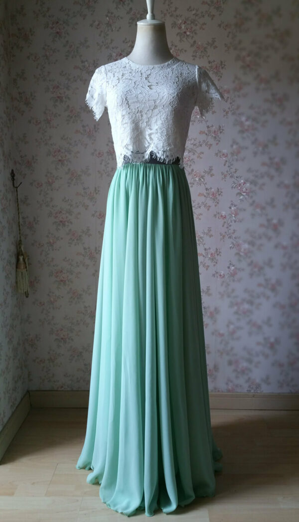 Boho Wedding Bridesmaid Dress Chiffon Maxi Skirt Short Sleeve Crop Lace Top