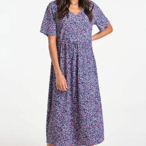 Bonmarche Navy Ditsy Print Crinkle Smock Dress, Size: 18