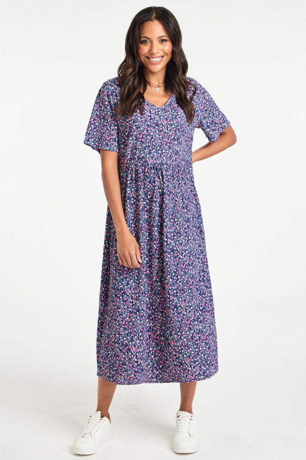 Bonmarche Navy Ditsy Print Crinkle Smock Dress, Size: 18