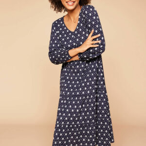 Bonmarche Navy Tile Print Crinkle Jersey Smock Dress, Size: 22