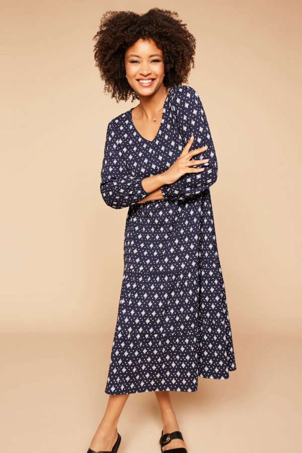 Bonmarche Navy Tile Print Crinkle Jersey Smock Dress, Size: 22