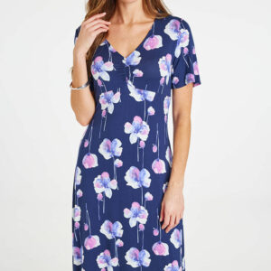 Bonmarche Navy Watercolour Floral Jersey Tea Dress, Size: 10