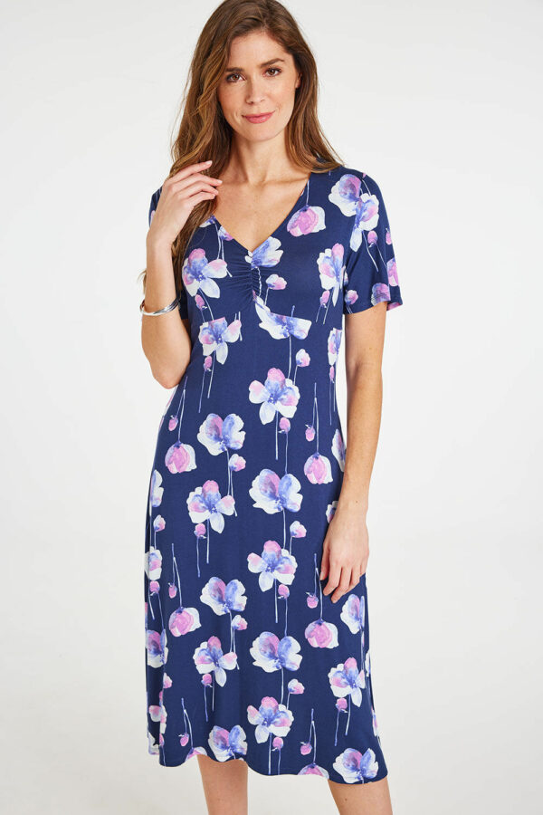 Bonmarche Navy Watercolour Floral Jersey Tea Dress, Size: 10