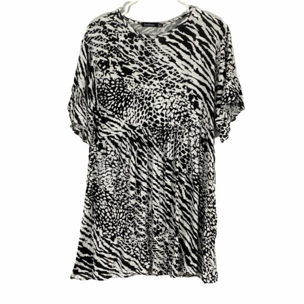 Boohoo Womens Black Animal Print Short Sleeves Round Neck Smock Dress Size 10 in White