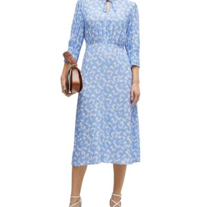 Boss Feather Print Smocked Cuff Tea Dress