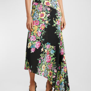 Bouquet Floral-Print Asymmetric Godet Midi Skirt