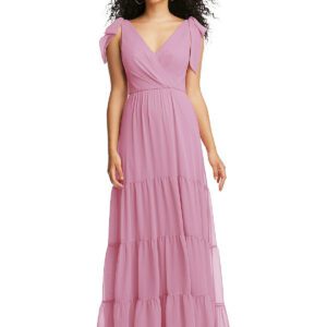 Bow-Shoulder Faux Wrap Maxi Dress with Tiered Skirt