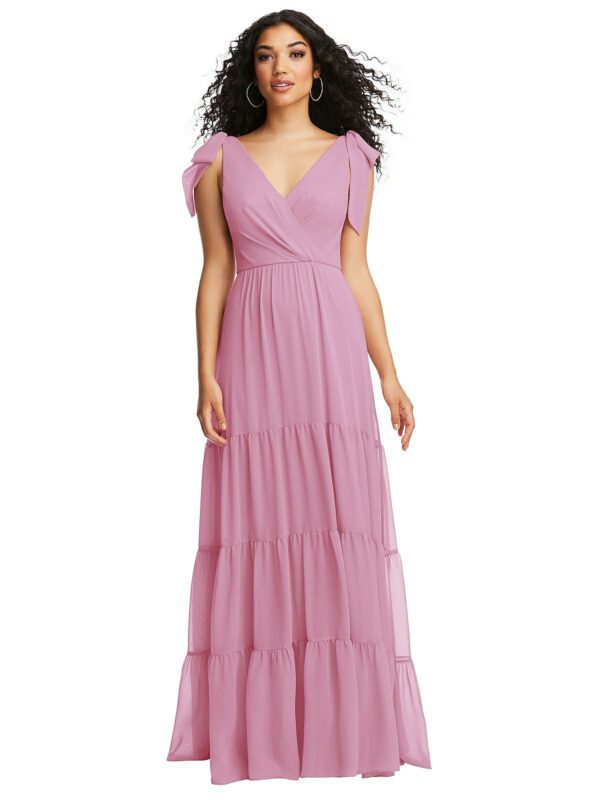 Bow-Shoulder Faux Wrap Maxi Dress with Tiered Skirt