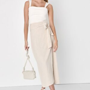 Breezy Personality Beige Linen Midi Wrap Skirt