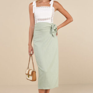 Breezy Personality Sage Green Linen Midi Wrap Skirt