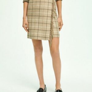 Brooks Brothers Women's Wool Blend Windowpane Fringed Wrap Skirt | Beige | Size 16