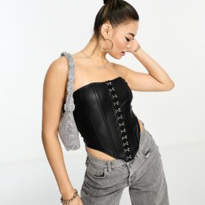 ASOS DESIGN leather look corset bustier with hook and eye detail in black