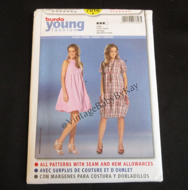 Burda Pattern 7816 Size 6-18 Adult Dress With Bubble Skirt, Short Sleeve Or Sleeveless Dress, Optional Cute Pockets, Fun Casual Fashion