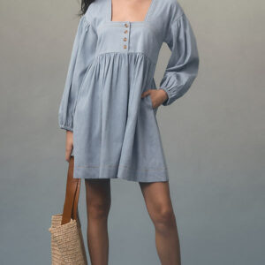 By Anthropologie Long-Sleeve Square-Neck Denim Mini Babydoll Dress