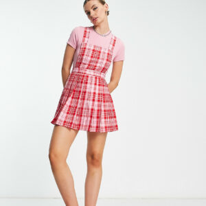 COLLUSION pleated pinafore summer dress in pink and red check-Multi