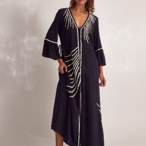 Cali Embroidered Leaf Kaftan Dress Black