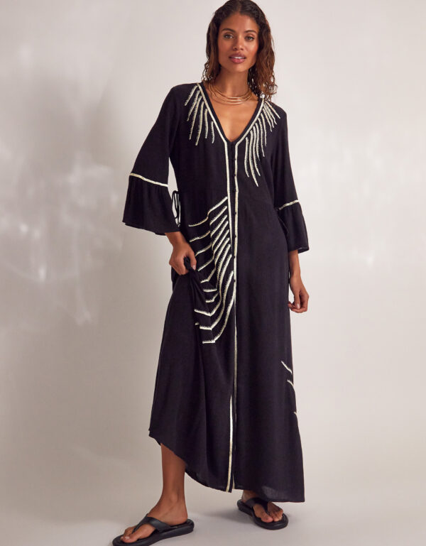 Cali Embroidered Leaf Kaftan Dress Black